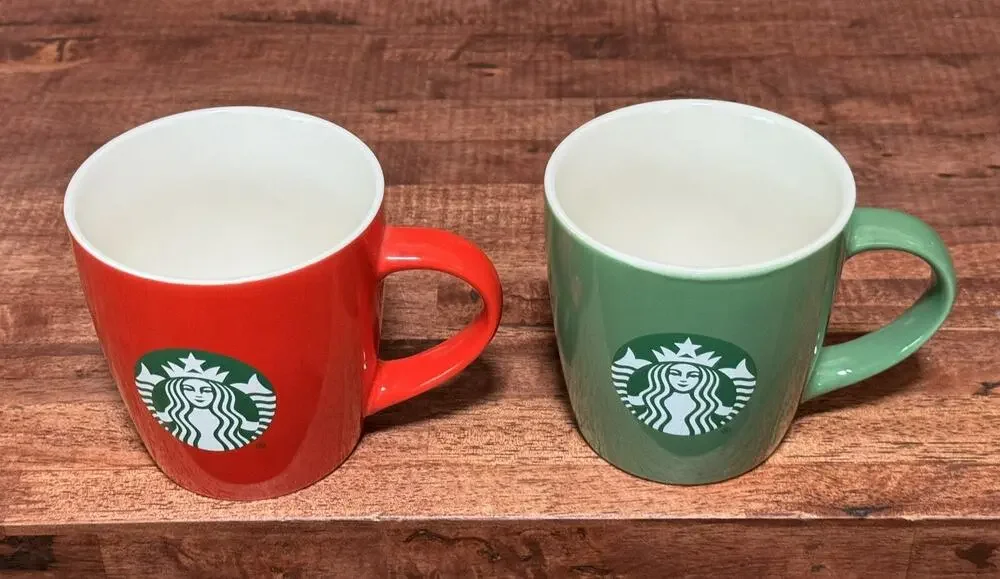 Lot of 2 Starbucks 2021 12 Floz Mugs Green & Red